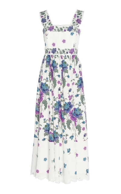 Shop Andrew Gn Lace-trimmed Floral-print Silk Midi Dress