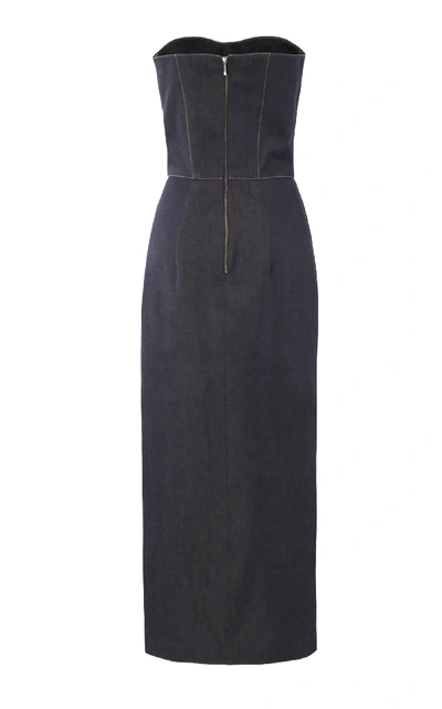 Shop Lake Studio Strapless Asymmetric Denim Midi Dress In Blue