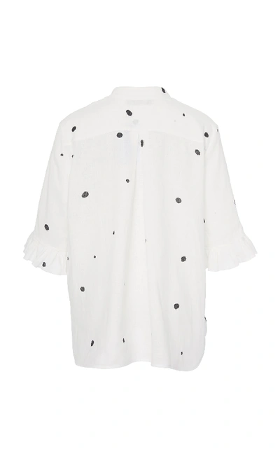 Shop Sleeper Ruffle Sleeve Polka-dot Linen Lounge Top In White