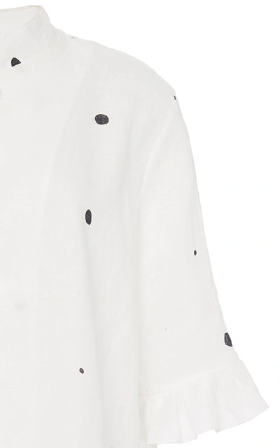 Shop Sleeper Ruffle Sleeve Polka-dot Linen Lounge Top In White