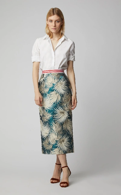 Shop Stella Jean High-waisted Cotton-blend Pencil Skirt In Green