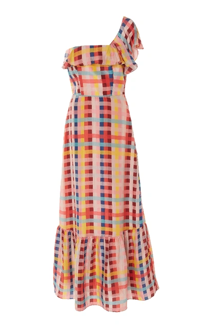 Shop Carolina K Una One-shoulder Silk-chiffon Maxi Dress In Plaid