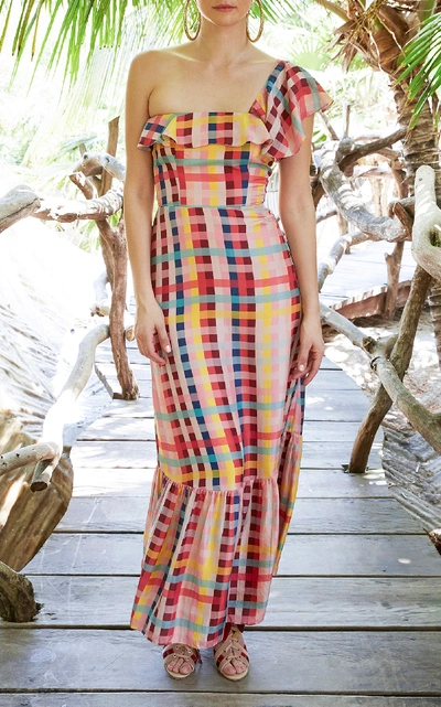 Shop Carolina K Una One-shoulder Silk-chiffon Maxi Dress In Plaid