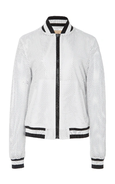 Shop Michael Kors Striped Perforated Leather Bomber Jacket In White