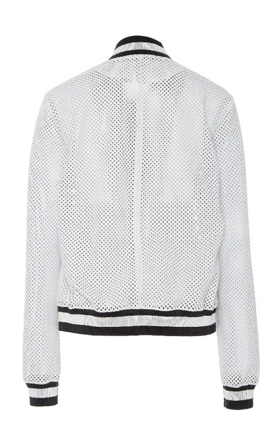 Shop Michael Kors Striped Perforated Leather Bomber Jacket In White