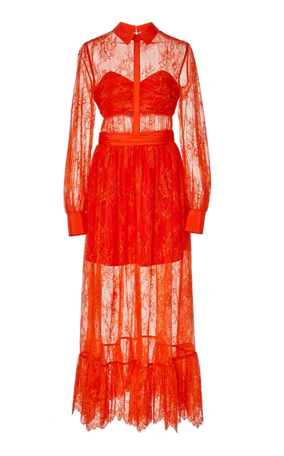 Shop Self-portrait Lace Maxi Dress In Red