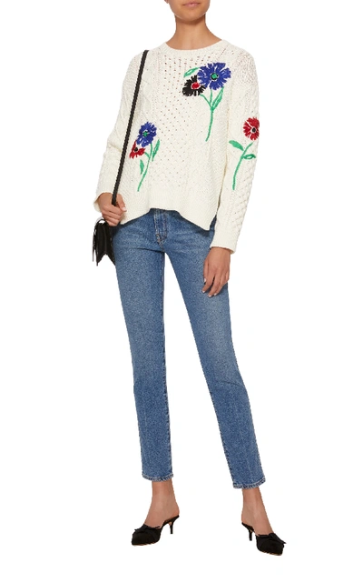 Shop Red Valentino Floral-embroidered Cable-knit Cotton Sweater In White