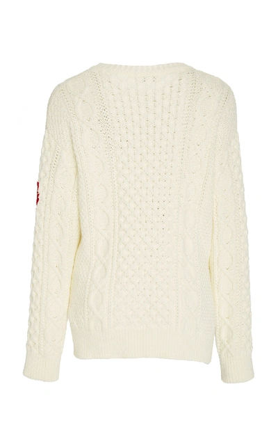 Shop Red Valentino Floral-embroidered Cable-knit Cotton Sweater In White