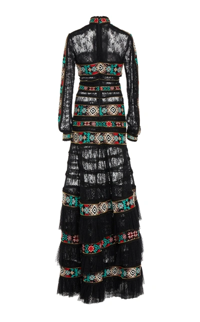 Shop Costarellos Cross-stitched Embroidered Lace Gown In Black