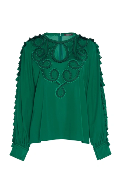 Shop Andrew Gn Tasseled Embroidered Georgette Top In Green