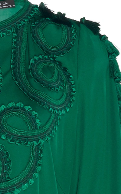 Shop Andrew Gn Tasseled Embroidered Georgette Top In Green