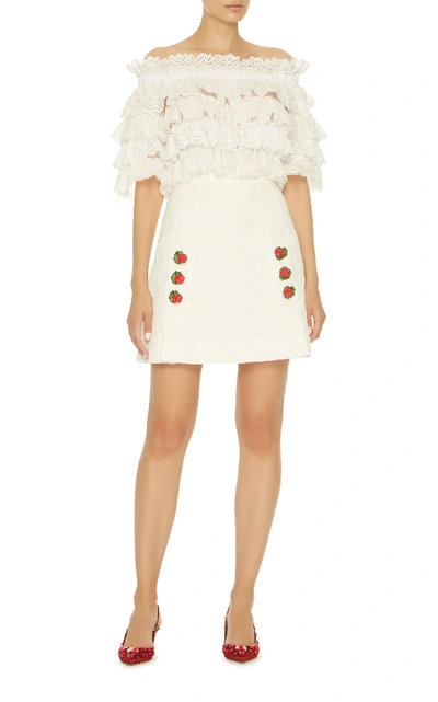 Shop Dolce & Gabbana Rose-embellished Textured Jacquard Mini Skirt In White