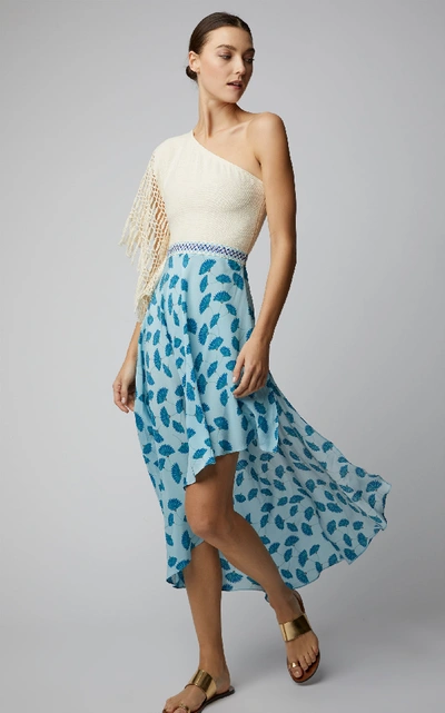 Shop Jaline Luna One-shoulder Handwoven Silk Macramé Midi Dress In Print