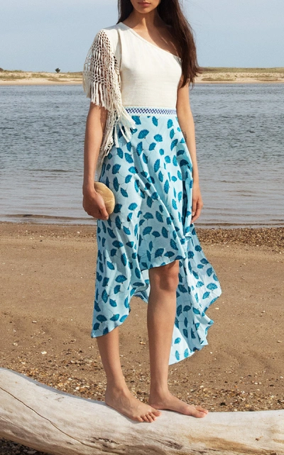 Shop Jaline Luna One-shoulder Handwoven Silk Macramé Midi Dress In Print