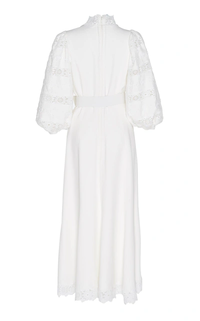 Shop Andrew Gn Belted Lace-paneled Crepe De Chine Dress In White