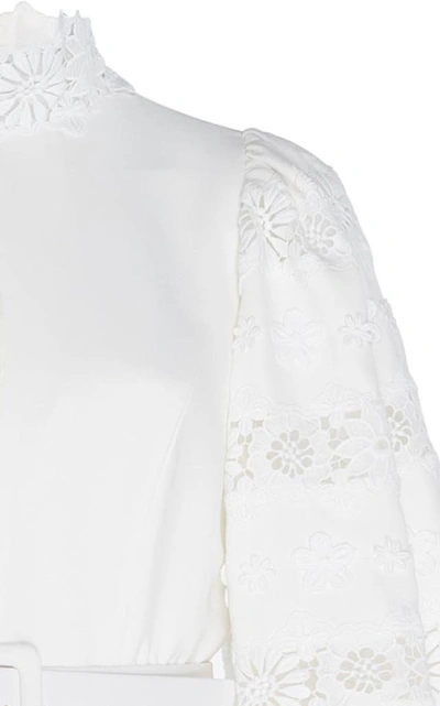 Shop Andrew Gn Belted Lace-paneled Crepe De Chine Dress In White