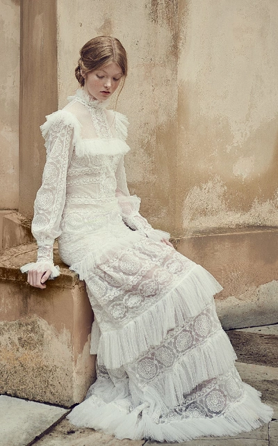 Shop Costarellos Bridal Mock-neck Ruffled Mesh Dress In White