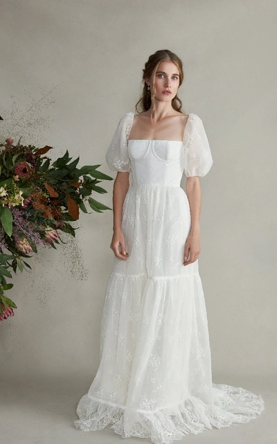 Shop Markarian Clementine Fitted Bodice Silk Gown With Lace Sleeves In White
