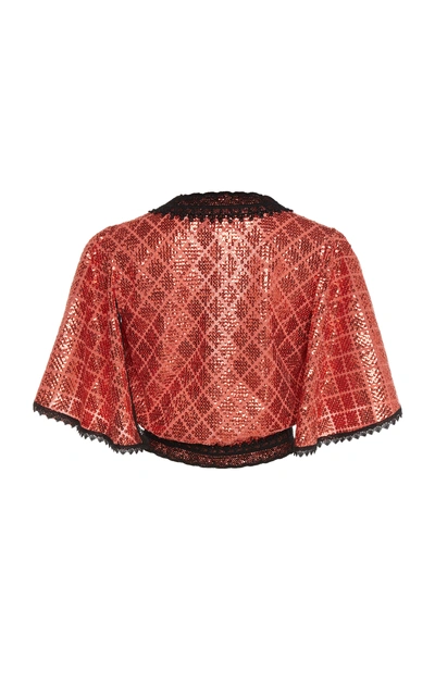 Shop Costarellos Cropped Lace-trimmed Sequined Top In Orange