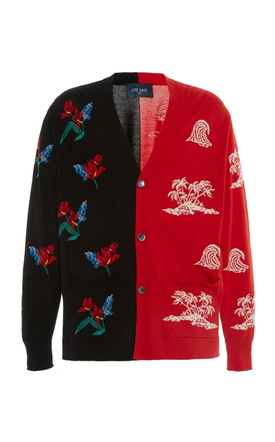 Shop Lost Daze Aloha Two-tone Intarsia-knit Cotton-blend Cardigan In Red