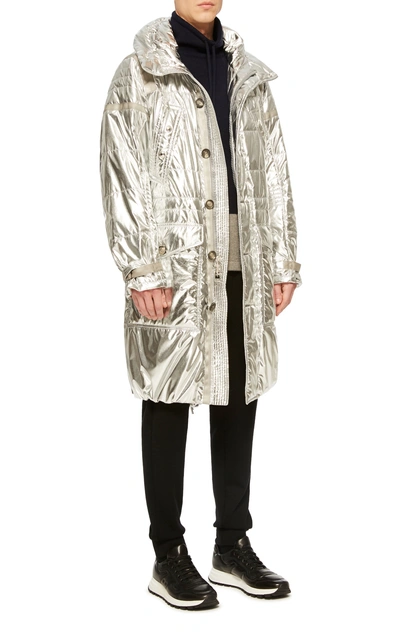 Shop Ralph Lauren Oversized Metallic Foiled-shell Puffer Coat In Silver