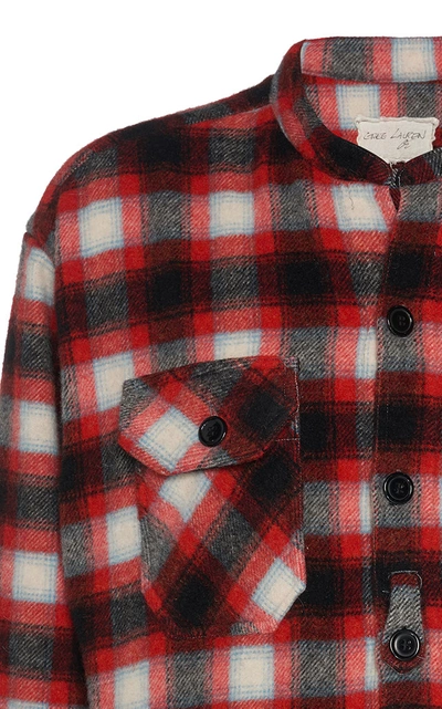 Shop Greg Lauren 50/50 Denim-paneled Plaid Wool Shirt In Red