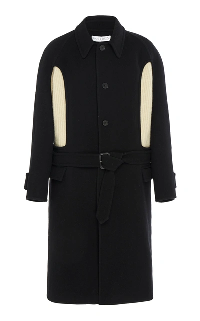 Shop Jw Anderson Belted Cashmere-paneled Wool-crepe Coat In Black