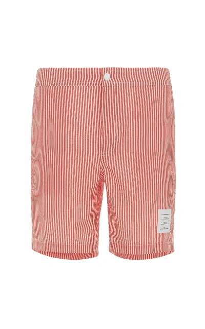 Shop Thom Browne Snap-front Striped Seersucker Swim Short In Red