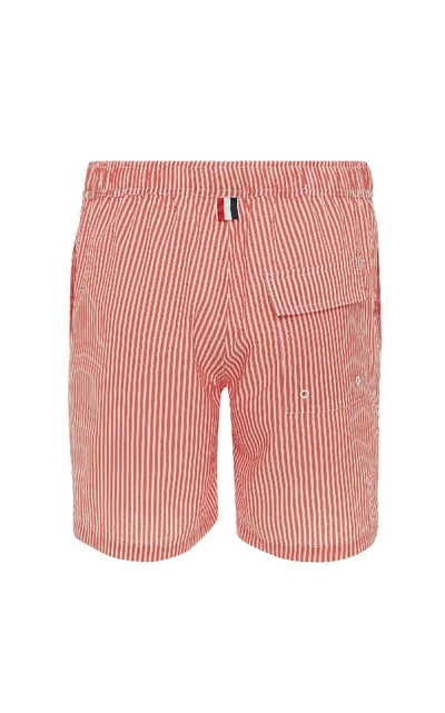 Shop Thom Browne Snap-front Striped Seersucker Swim Short In Red