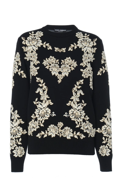 Shop Dolce & Gabbana Floral-embroidered Wool Sweater  In Black
