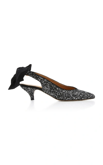 Shop Ganni Bow-detailed Glittered Leather Slingback Pumps In Silver