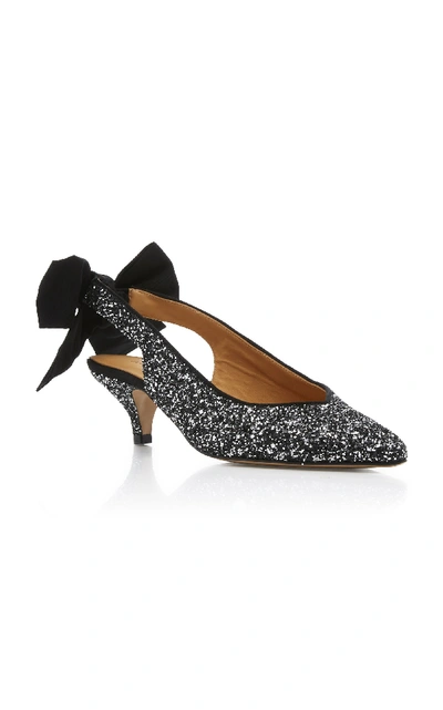 Shop Ganni Bow-detailed Glittered Leather Slingback Pumps In Silver