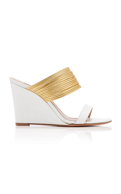 Shop Aquazzura Rendezvous Metallic Leather Wedge Sandals In White