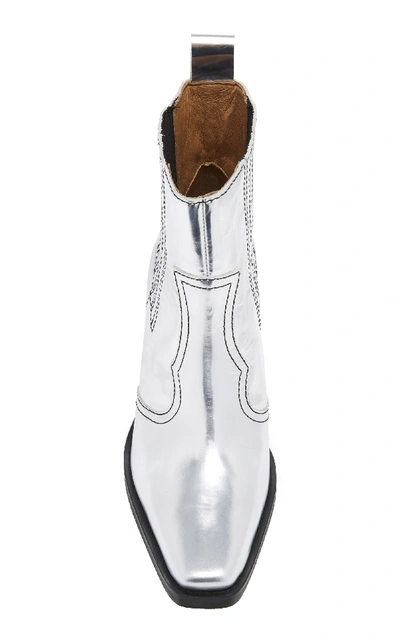Shop Ganni Western Metallic Leather Ankle Boots In Silver