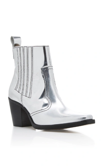 Shop Ganni Western Metallic Leather Ankle Boots In Silver