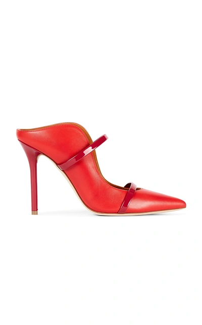 Shop Malone Souliers Maureen Patent Leather-trimmed Leather Mules In Red