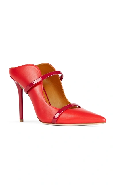 Shop Malone Souliers Maureen Patent Leather-trimmed Leather Mules In Red