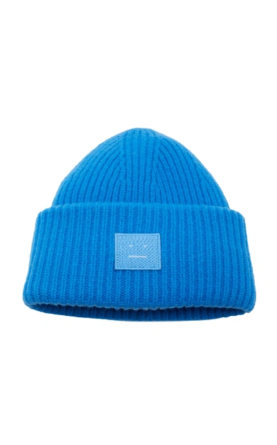 Shop Acne Studios Appliquéd Rib-knit Wool Beanie In Blue