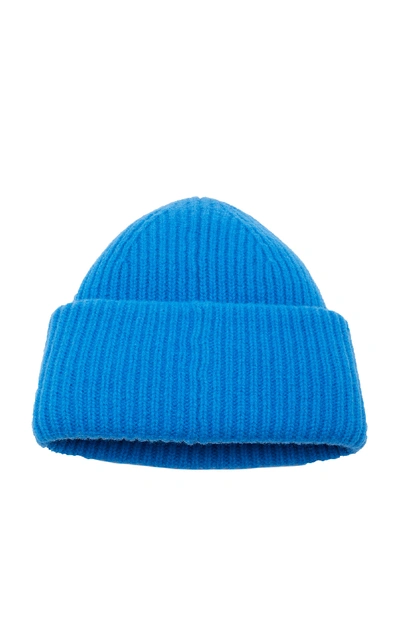 Shop Acne Studios Appliquéd Rib-knit Wool Beanie In Blue