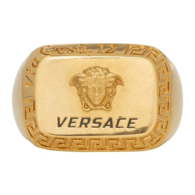Shop Versace Gold Square Medusa Ring In K41t Go/blk