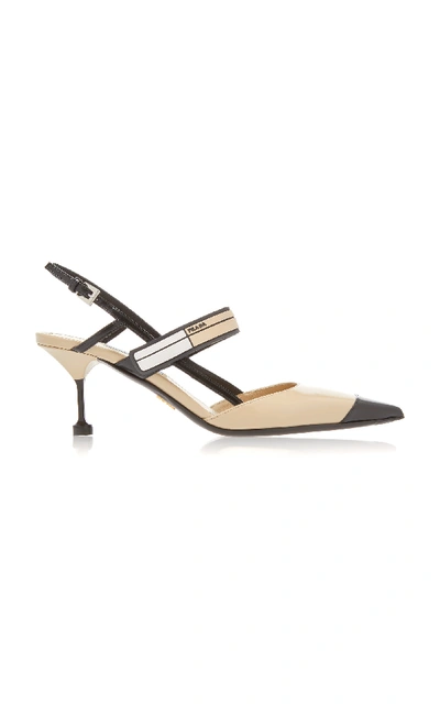 Shop Prada Canvas-trimmed Leather Pumps In Neutral