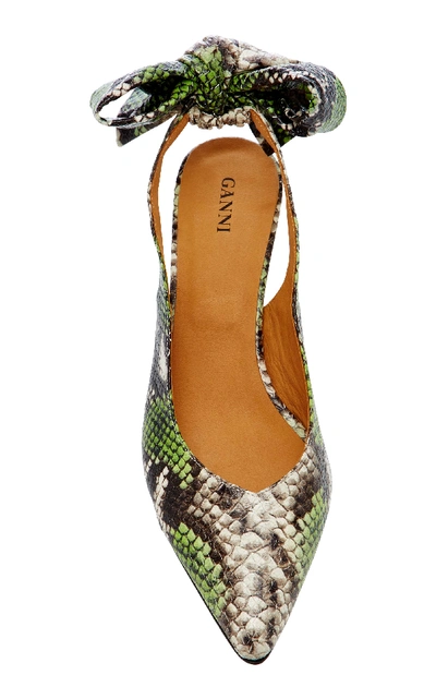 Shop Ganni Bow-detailed Snake-effect Leather Pumps In Green