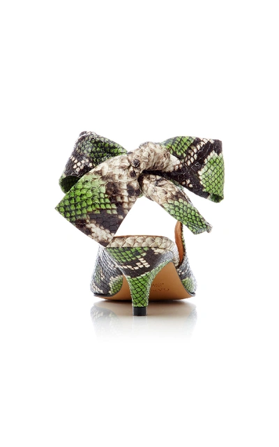Shop Ganni Bow-detailed Snake-effect Leather Pumps In Green