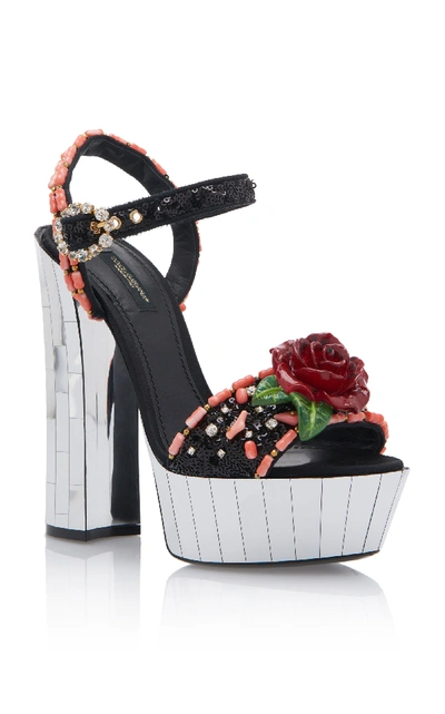 Shop Dolce & Gabbana Floral Embellished Canvas Platform Sandals In Black