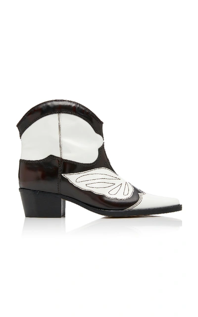 Shop Ganni Low Texas Leather Ankle Boots In Black/white