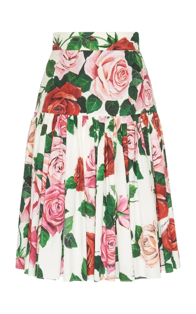 Shop Dolce & Gabbana Ruffled Drop-waist Floral Cotton-poplin Midi Skirt