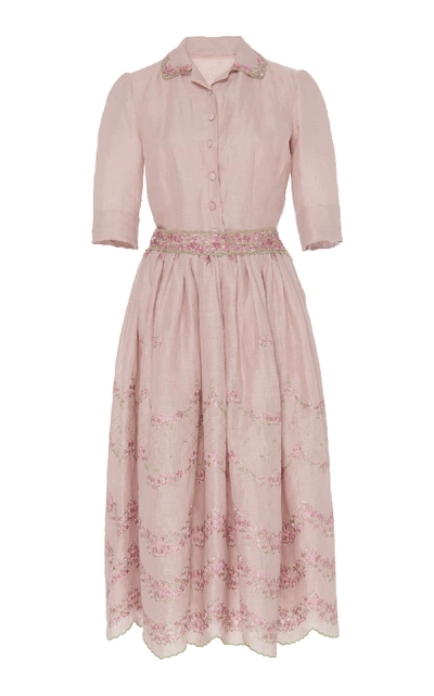 Shop Luisa Beccaria Embroidered Broadcloth Shirt Dress In Pink