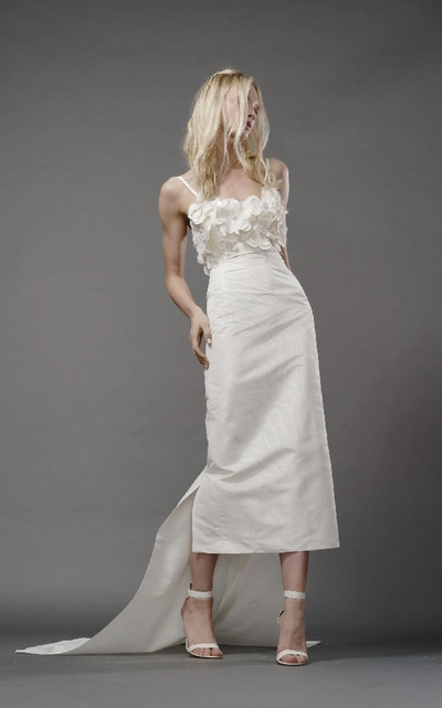 Shop Elizabeth Fillmore Poppy Silk Column Gown With Floral Bodice In Ivory