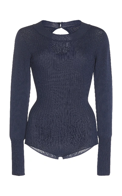 Shop Jacquemus Stephanie Long-sleeve Ribbed-knit Bodysuit In Navy