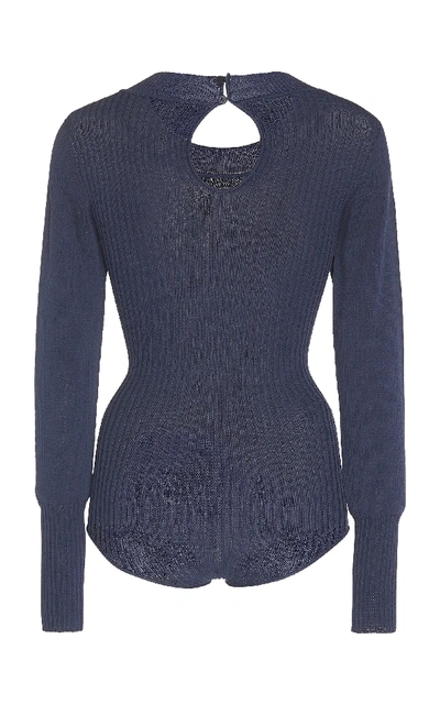 Shop Jacquemus Stephanie Long-sleeve Ribbed-knit Bodysuit In Navy